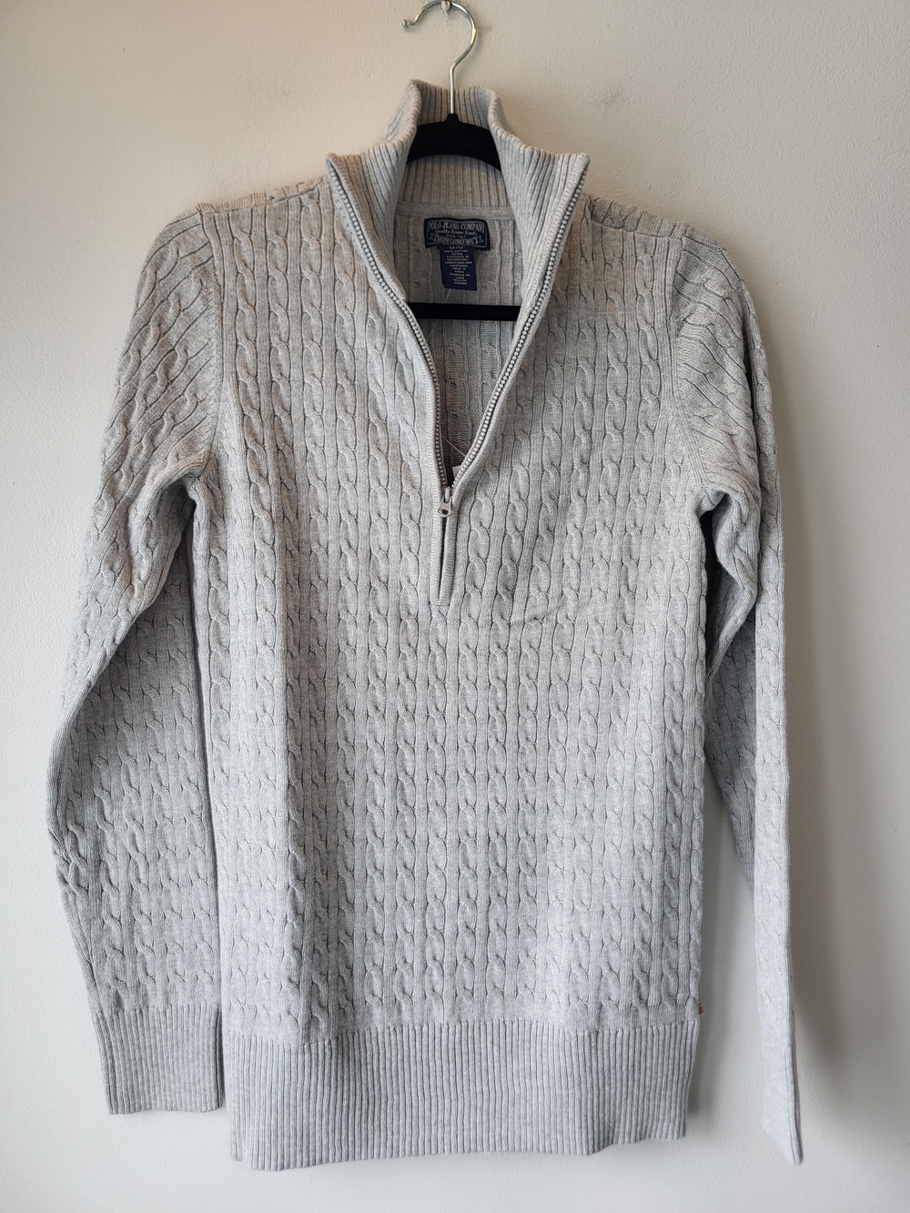 Polo by Ralph Lauren Preppy Classic Light Gray Cable-Knit Half-Zip Sweater